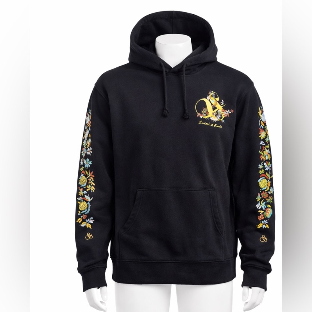 Scotch & Soda Embroidered Floral Sleeve Hoodie Black Pullover Sweatshirt Size L